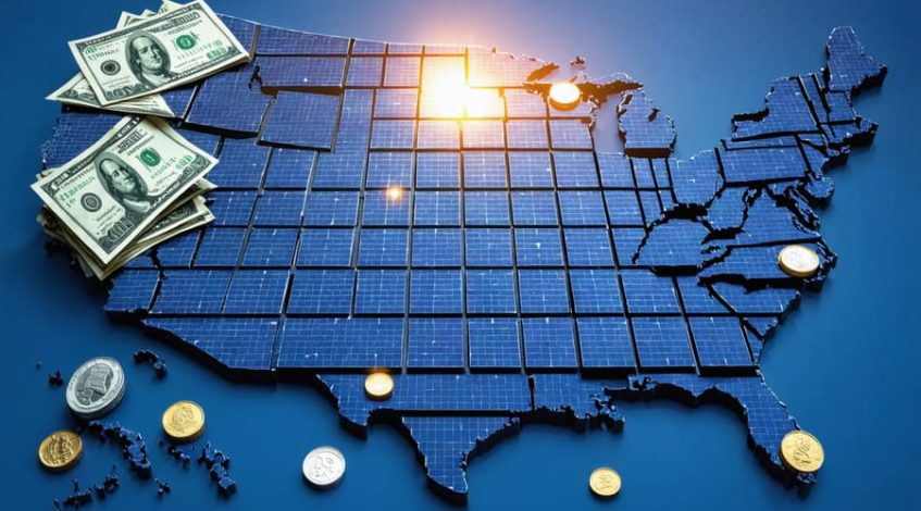 Conceptual collage showing a large solar panel surrounded by financial symbols like dollar bills and tax forms, with a US map highlighting states with significant solar incentives.