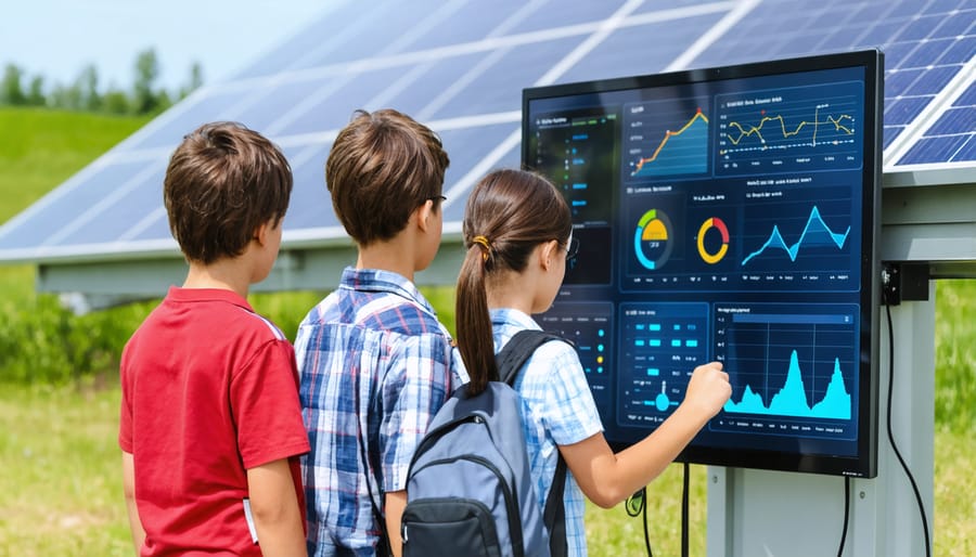 Group of diverse students analyzing solar energy performance metrics on digital display