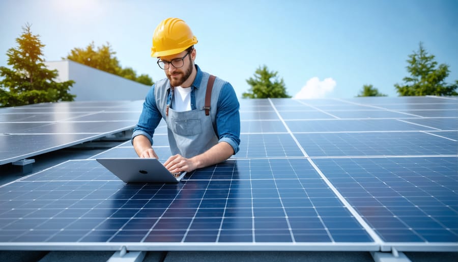 Technology expert analyzing commercial solar installation while recording content