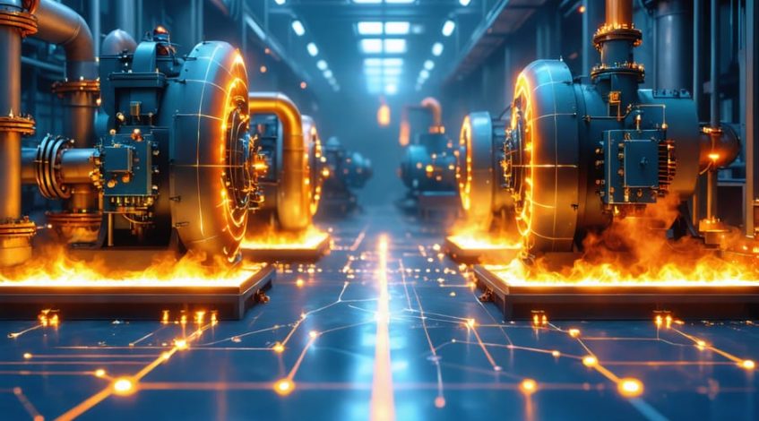 Conceptual image of an industrial facility showing thermoelectric generators harvesting waste heat from equipment, with visual elements representing the conversion of heat to electricity.