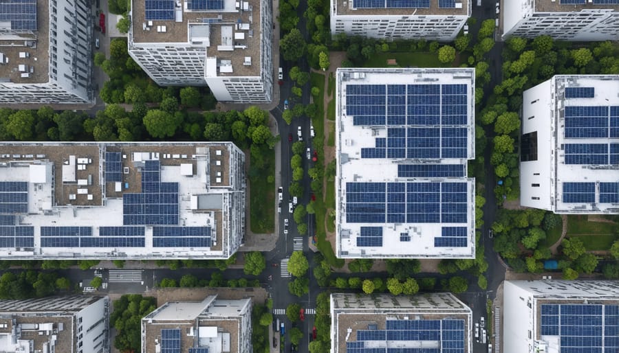 Bird's eye view of urban solar panel installations across multiple buildings with surrounding green infrastructure