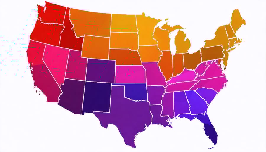 US map visualization of state solar incentive programs with color-coded regions