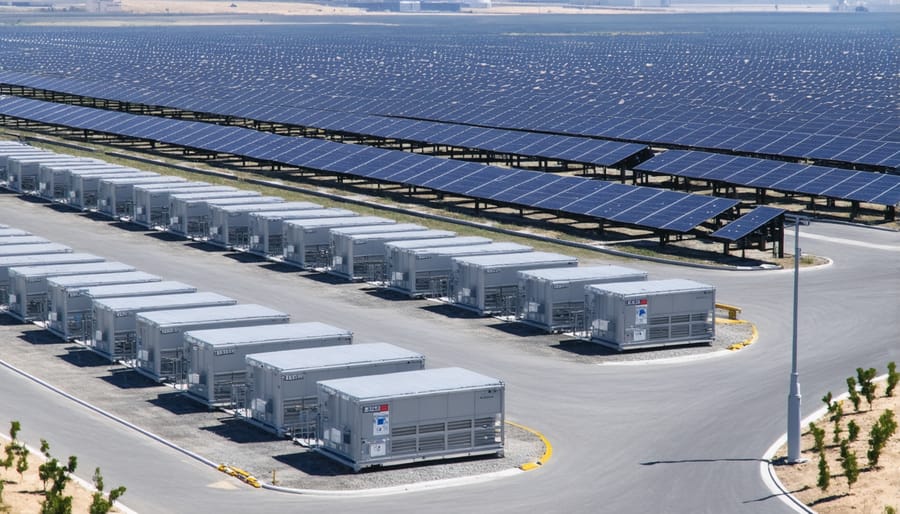 Aerial view of a utility-scale battery storage facility with multiple container units adjacent to solar panels