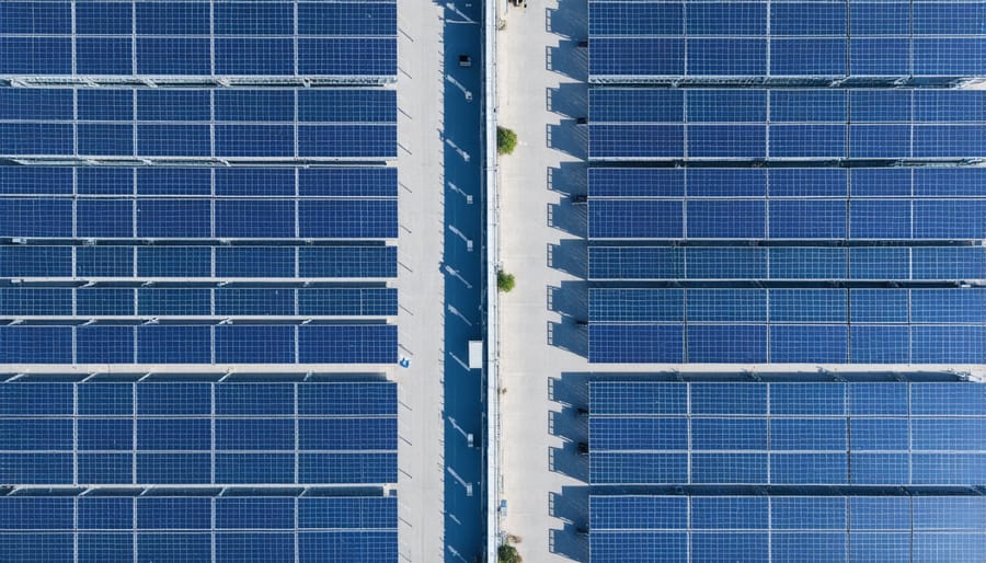 Bird's eye view of a distribution center with extensive rooftop solar panel installation