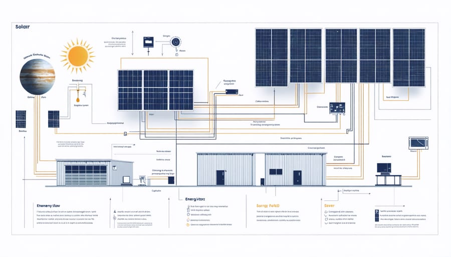 Infographic illustrating solar panels, inverters, battery storage, and energy management system integration