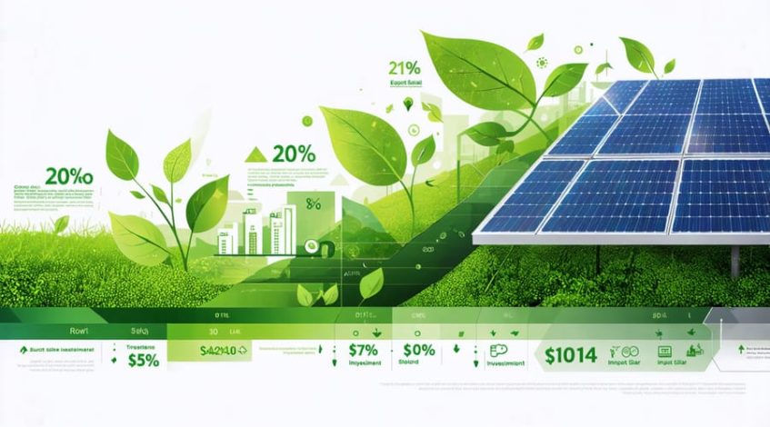 Conceptual illustration depicting the integration of solar energy into financial investment strategies, showing a solar panel merging with a financial graph to symbolize cost neutrality and environmental sustainability.