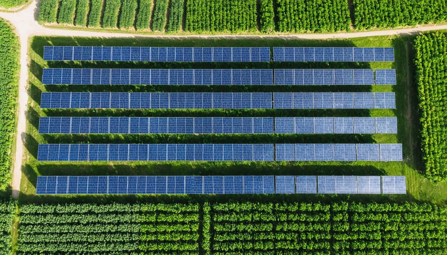 Aerial photograph of agricultural fields with solar panels and crops growing together in an agrivoltaic system
