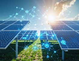 Illustration showing blockchain nodes linked with solar panels and smart meters, symbolizing decentralized energy trading and management.