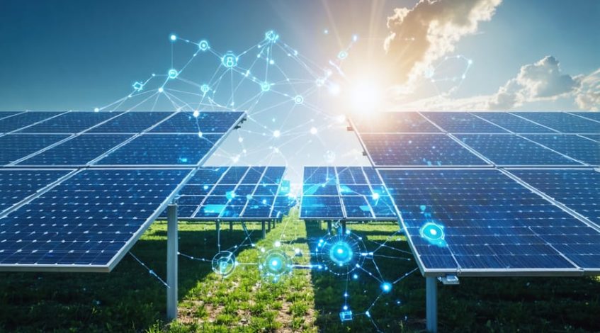 Illustration showing blockchain nodes linked with solar panels and smart meters, symbolizing decentralized energy trading and management.
