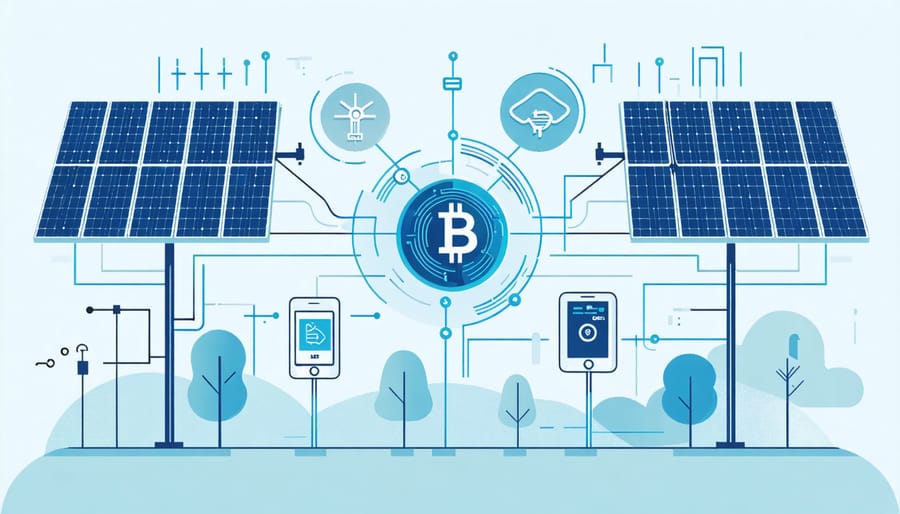 Network diagram illustrating how blockchain connects solar energy systems and smart meters in a decentralized grid