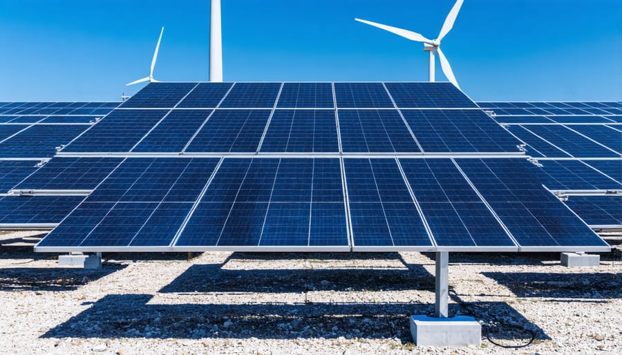 Commercial building with rooftop solar installation and nearby wind turbines