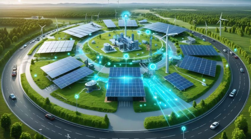 Conceptual illustration of a circular energy system integrating solar panels, wind turbines, and waste-to-energy technology with a smart grid network in a commercial setting, symbolizing energy transformation and sustainability.