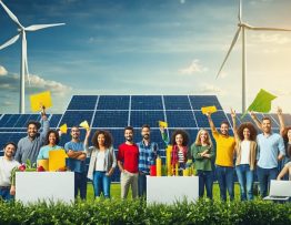 "A community energy cooperative illustrated with people discussing around solar panels and wind turbines in the backdrop, symbolizing democratic governance and renewable energy."