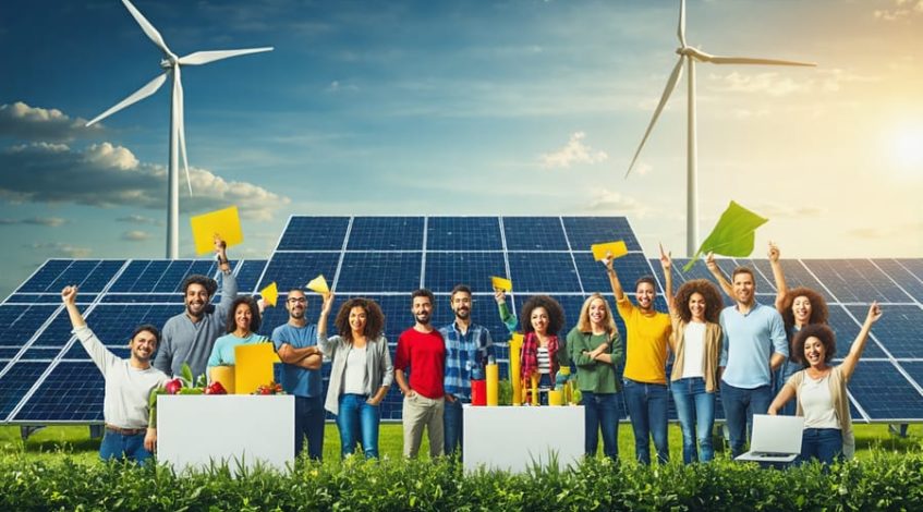 "A community energy cooperative illustrated with people discussing around solar panels and wind turbines in the backdrop, symbolizing democratic governance and renewable energy."