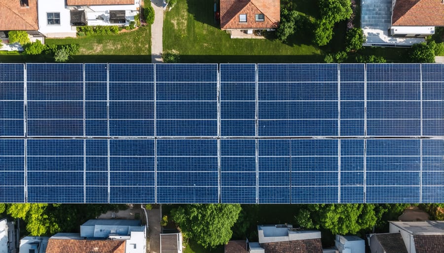 Large solar panel array serving multiple homes in a suburban community