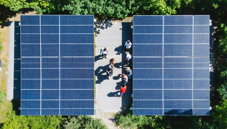 Community members meeting at a large solar panel installation owned by their energy cooperative