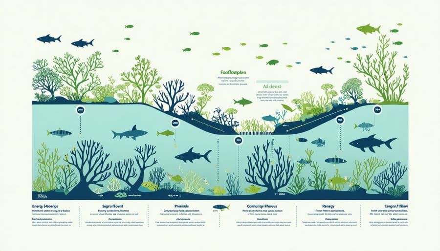 Diagram illustrating symbiotic relationships and energy exchange between coral polyps, zooxanthellae, and other marine organisms