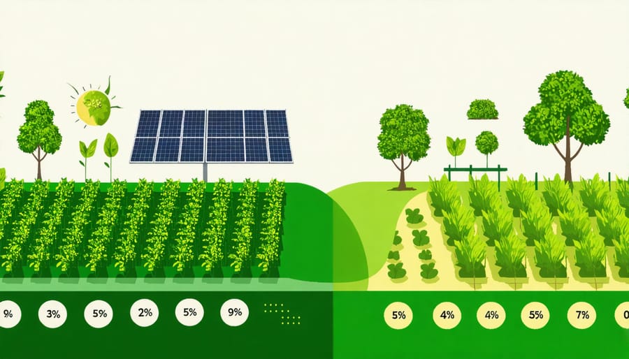 Infographic comparing crop yields and growth metrics between agrivoltaic and traditional farming methods