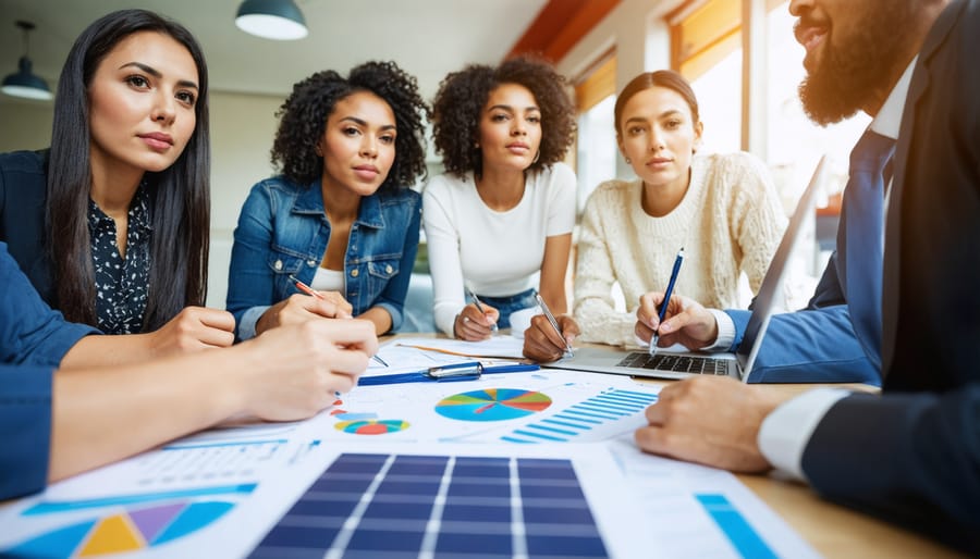 Diverse group of business professionals reviewing solar installation plans and shaking hands