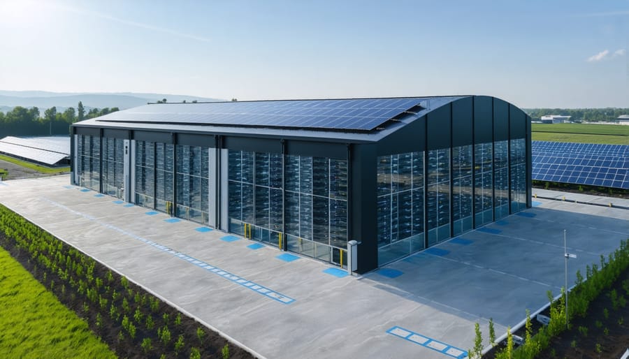 Data center building with rows of solar panels in the foreground