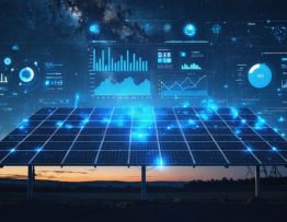 A conceptual illustration of a digital dashboard showcasing real-time solar energy data and predictive analysis, set against solar panels under a starry sky, symbolizing data-driven advancements in off-grid solar installations.