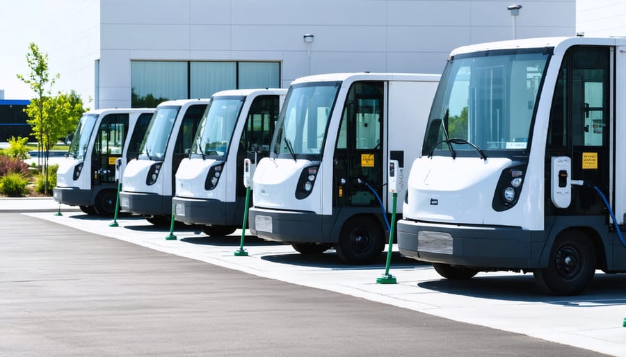 Multiple electric delivery vans charging at a business fleet depot