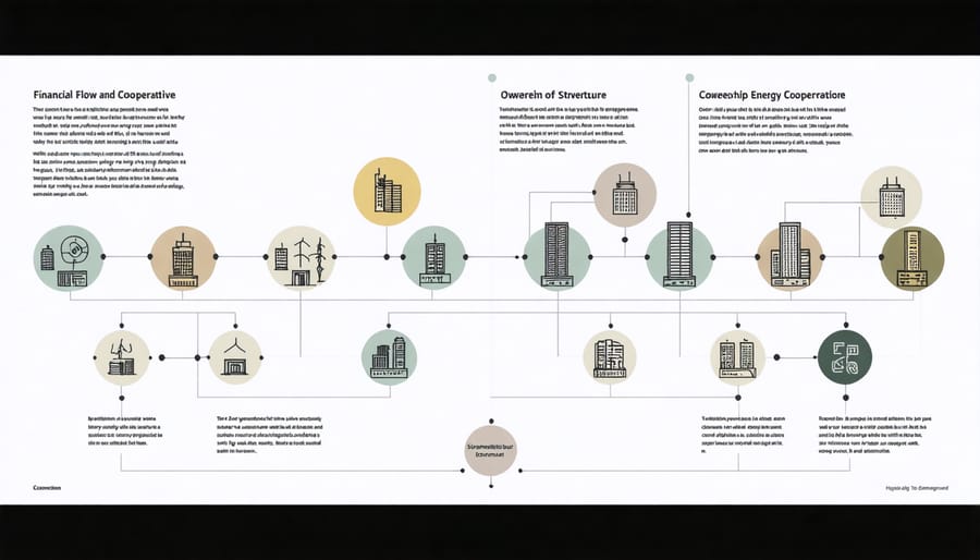 Diagram illustrating how money and energy flow between cooperative members, solar installations, and the grid