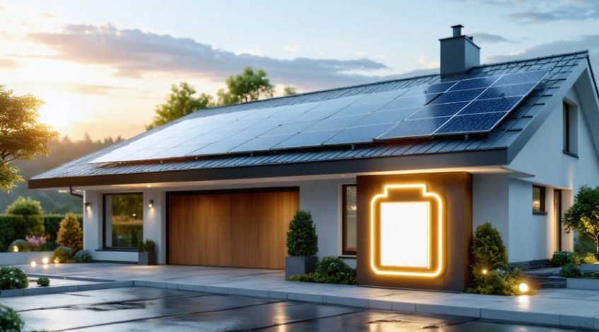 A modern house powered by solar panels and battery storage, symbolizing energy independence and efficiency, with a glowing battery icon representing renewable energy integration.