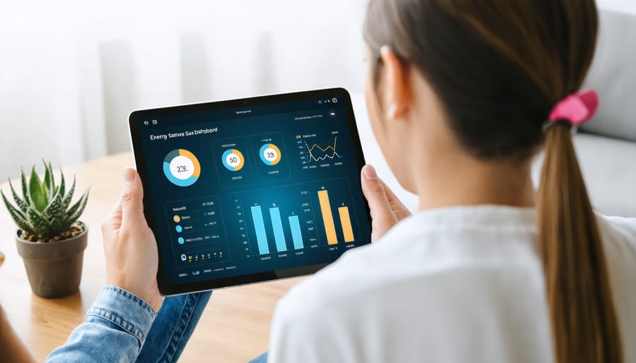 Homeowners analyzing energy consumption and savings data on a smart device