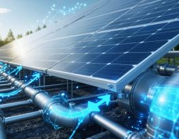 Conceptual image illustrating the integration of solar panels with water management infrastructure, featuring efficiency arrows and a digital interface overlay, symbolizing smart water-energy management.