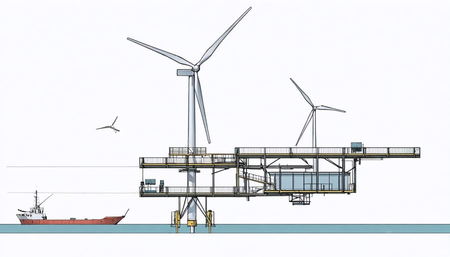 Cross-section diagram of floating wind turbine technology and mooring systems