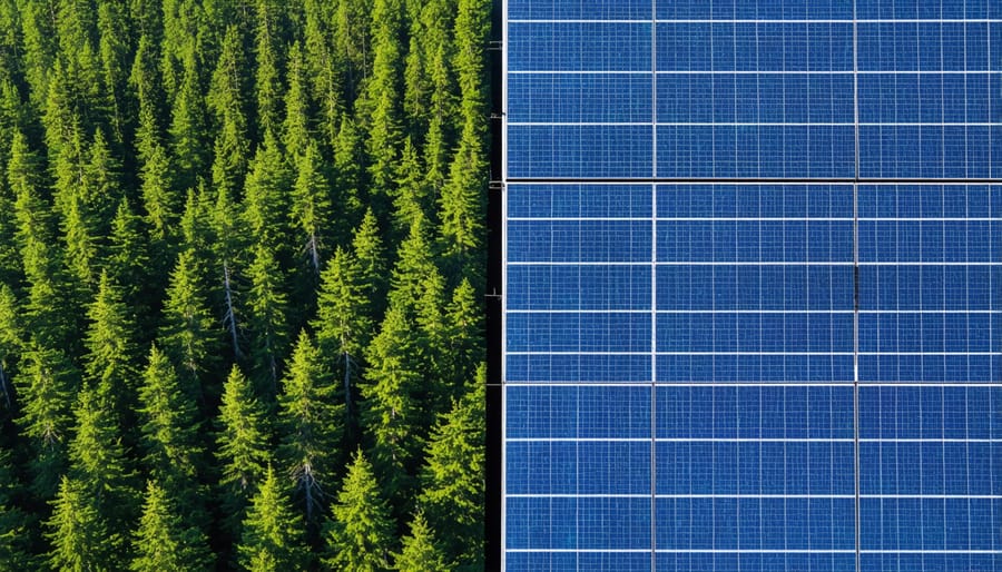 Side-by-side comparison of tree canopy patterns in a forest and optimized solar panel arrangement