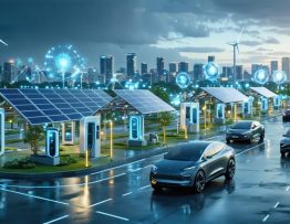 A futuristic city scene depicting the integration of electric vehicles, solar panels, wind turbines, and hydrogen fuel cells, symbolizing the shift towards renewable energy transportation.