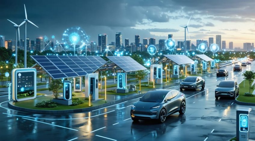 A futuristic city scene depicting the integration of electric vehicles, solar panels, wind turbines, and hydrogen fuel cells, symbolizing the shift towards renewable energy transportation.
