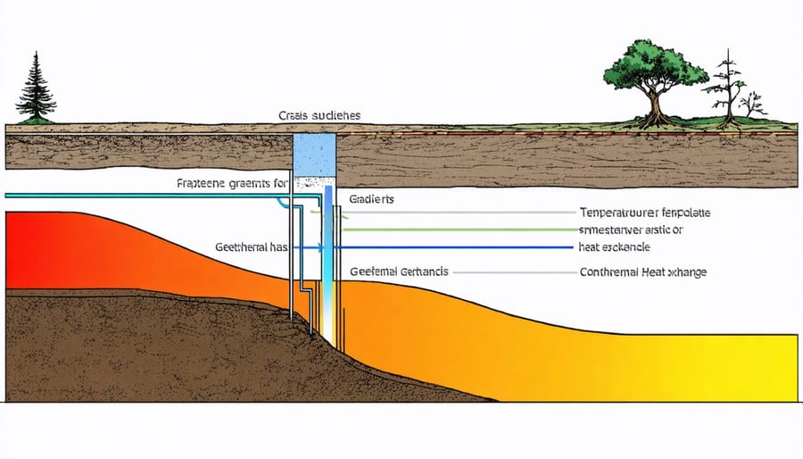 Technical illustration of underground temperature layers and geothermal system components