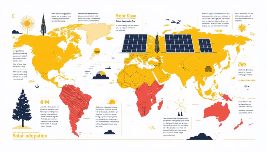 World map highlighting solar energy adoption rates with culturally relevant icons and statistics