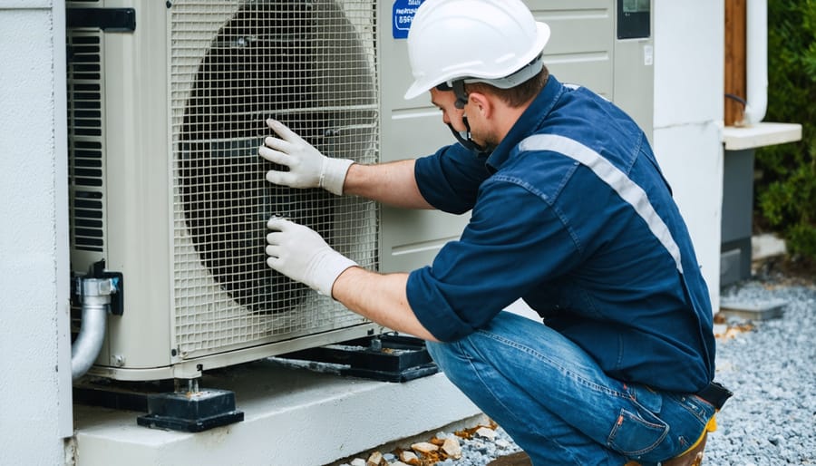 HVAC technician installing an energy-efficient heat pump outdoors