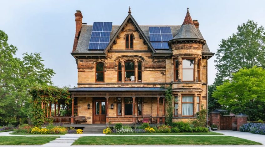 Victorian-era building with seamlessly integrated solar panels on the roof, illustrating the balance between preserving historical architecture and utilizing modern renewable energy solutions.