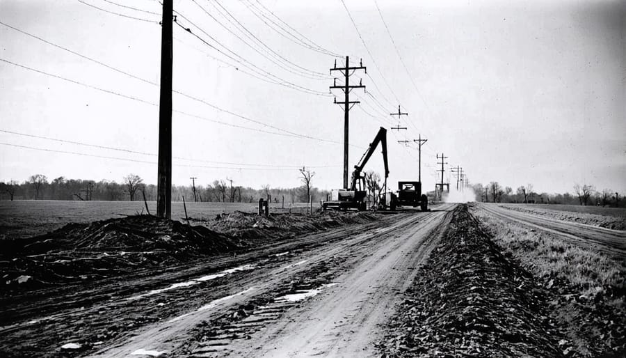 Workers installing electrical poles and power lines in a rural American setting during the REA era