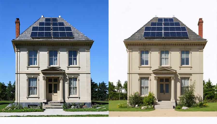 Side-by-side comparison of a Victorian building showing subtle solar panel integration that preserves historical character