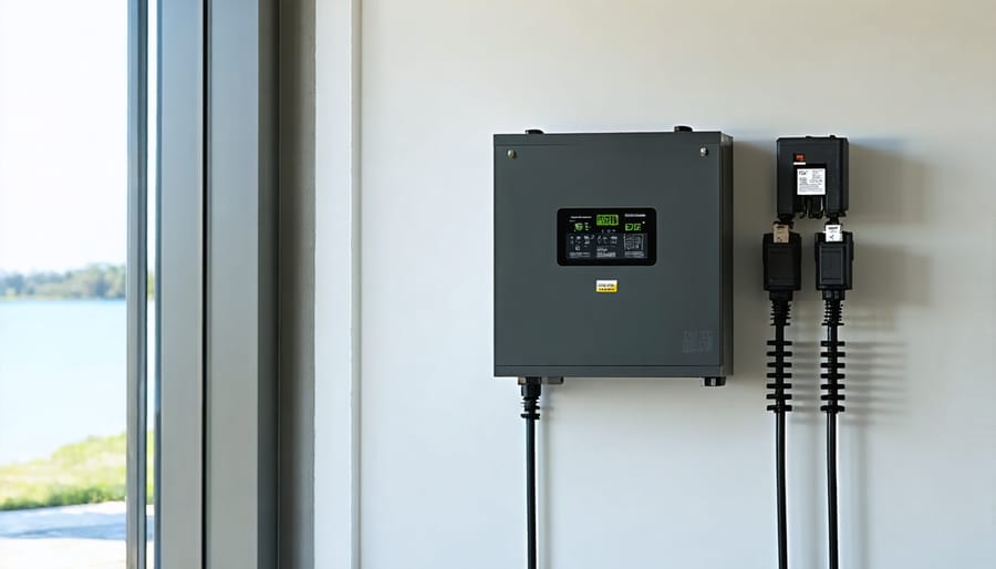 Modern residential battery storage system installed on garage wall with electrical connections