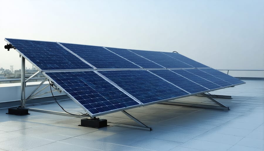 Large-scale solar air water generator system installed on an industrial facility roof with solar panels