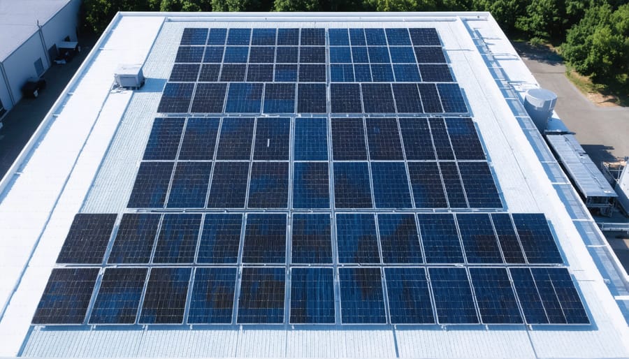 Aerial view of solar panels covering a manufacturing facility's roof with industrial equipment visible