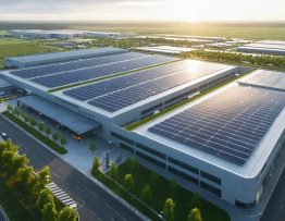 Aerial view of a vast manufacturing facility covered in solar panels, emphasizing solar energy's role in transforming industrial processes.
