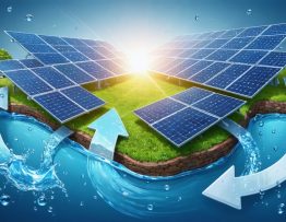 Conceptual illustration of integrated solar panel and water management system, highlighting synergy and mutual benefits of energy and water resource optimization.