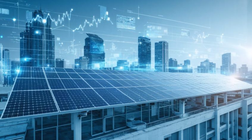 Conceptual illustration of a commercial skyline with solar-integrated buildings, overlayed with financial symbols and graphs, symbolizing revolutionary solar financing models in commercial energy.