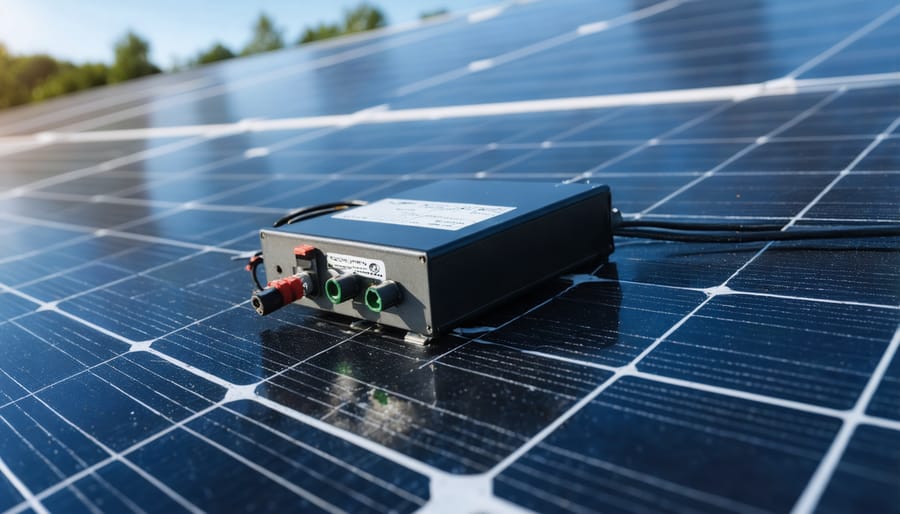 Detailed view of micro inverter components mounted on the back of a solar panel with labeled parts