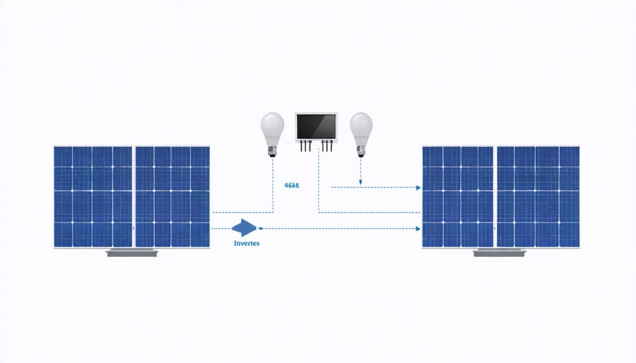 Side-by-side comparison diagram of micro inverter and string inverter configurations showing key differences in system architecture