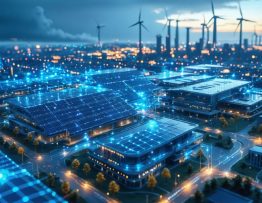 A digital depiction of a futuristic city with solar panels, wind turbines, and industrial buildings illustrating the integration of renewable energy policies and technologies, symbolizing the interconnected nature of modern grid systems.