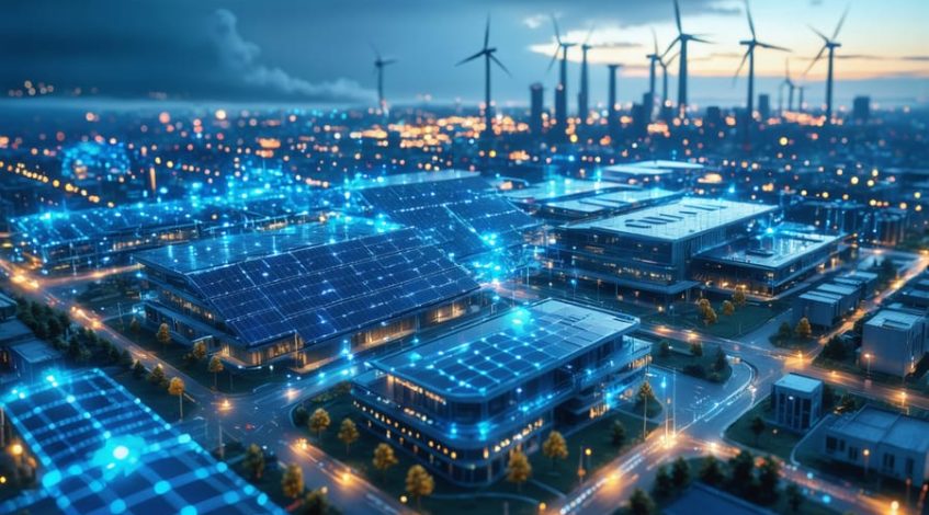 A digital depiction of a futuristic city with solar panels, wind turbines, and industrial buildings illustrating the integration of renewable energy policies and technologies, symbolizing the interconnected nature of modern grid systems.